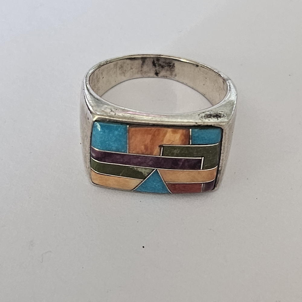 Multicolor Inlay 925 Silver Ring Size 7